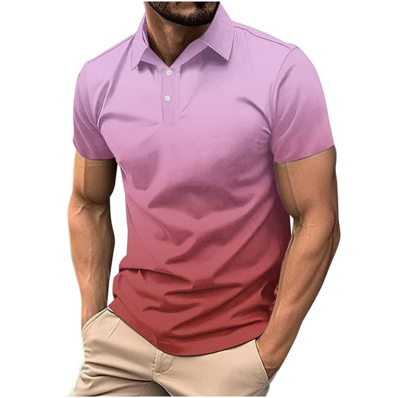 Miluxas Mens Short Sleeve Button Up Shirt with Gradient Color Print | Casual Collared Hawaiian Vacation Shirt for Summer Beach Pink