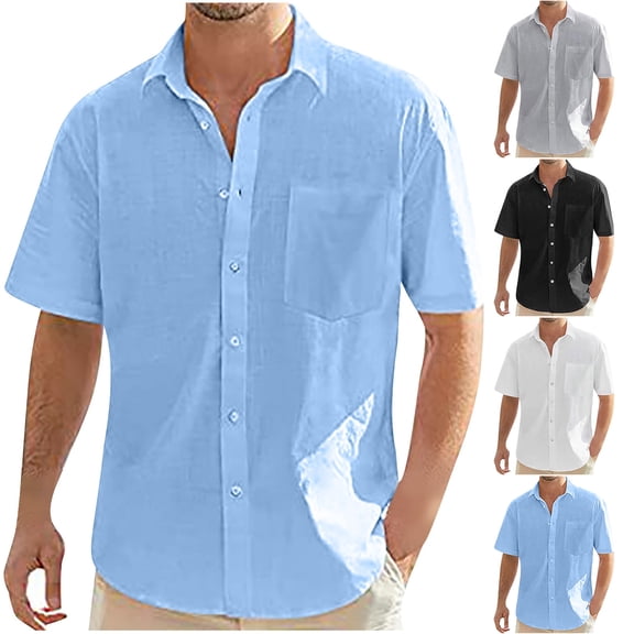 Miluxas Mens Short Sleeve Cuban Camp Shirt Linen Cotton Hippie Beach Button Down Shirts White