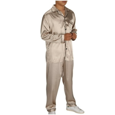 Miluxas Mens Silk Pajamas Set Clearance, Long Sleeve Satin Pajamas for Men Sleepwear Button Down Pjs Set Two-piece Beige 10(XL)
