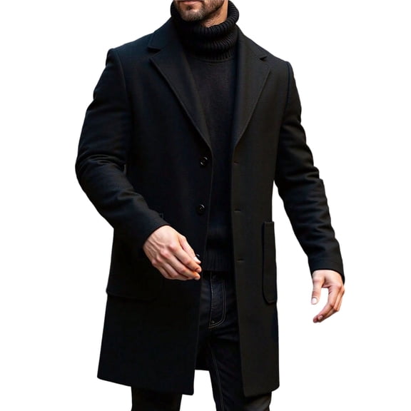 Miluxas Mens Single Breasted Trench Coat Winter Pea Coat Notch Lapel Long Casual Overcoat Black M(M)