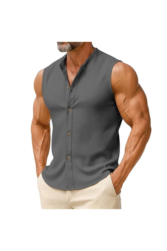 Mens Sleeveless Button Down Shirts Linen Cotton Summer Beach Basic Tank T-Shirt Tops Gray L(L)
