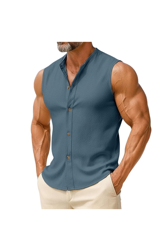 Mens Sleeveless Button Down Shirts Linen Cotton Summer Beach Basic Tank T-Shirt Tops Navy S(S)