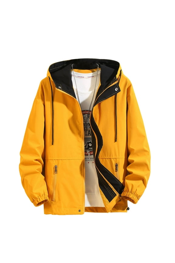 Mens Softshell Jacket Fleece Lined Windbreaker Color Block Rain Coat Waterproof Hooded Jackets for Hiking Yellow