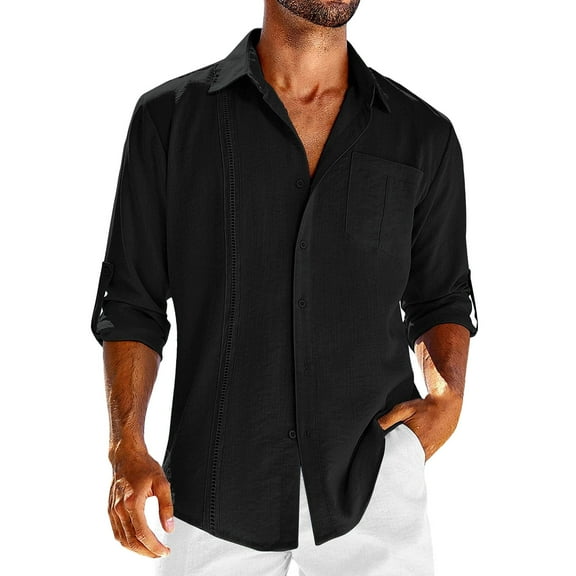 Miluxas Mens Solid Color Casual Shirts Linen Loose Fit Long Sleeve Lapel Collar Button Down Shirt Summer Beach Travel Tops Plus Size Black