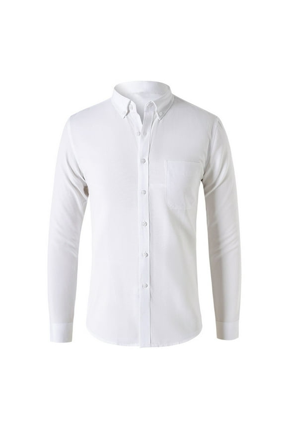 Mens Solid Oxford Shirt Long Sleeve Dress Shirt Work Casual Button Down Shirts with Pocket White