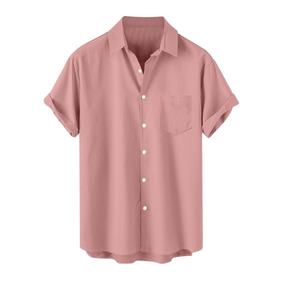 Miluxas Mens Solid Shirts Short Sleeve Button Down Shirt Hawaiian Summer Beach Casual T Shirts for Men Pink 4(M)