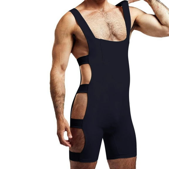 Miluxas Mens Spaghetti Strap Jumpsuits Shapewear Body Shaper Pajamas PJ Unitard for Man Shapewear Black