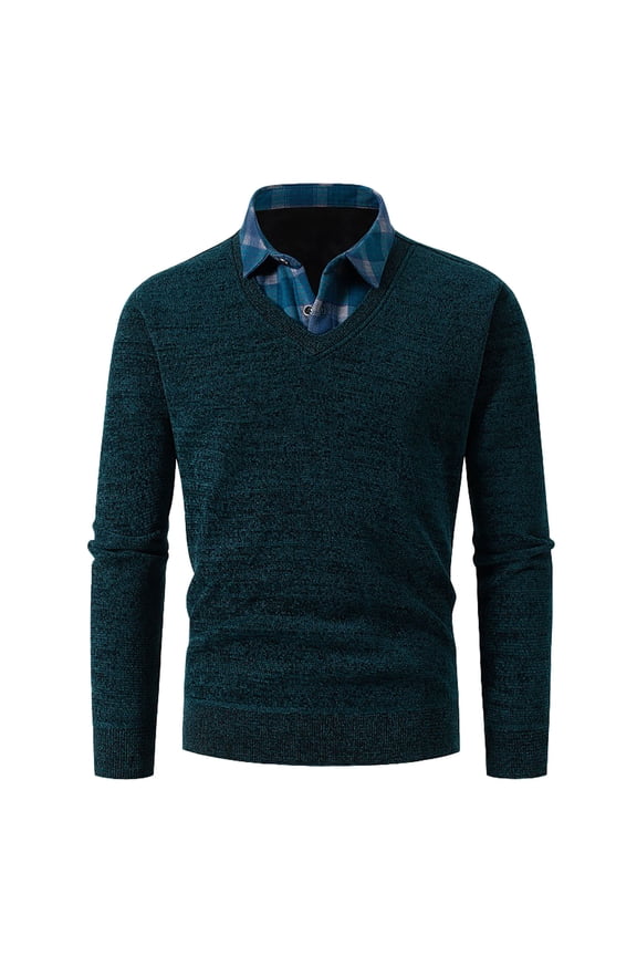 Mens Striped Lapel Fake Two-Piece Shirt, Men Long Sleeve Faux 2-Piece Knitted Shirt, Business Work Casual T Shirt Top Green