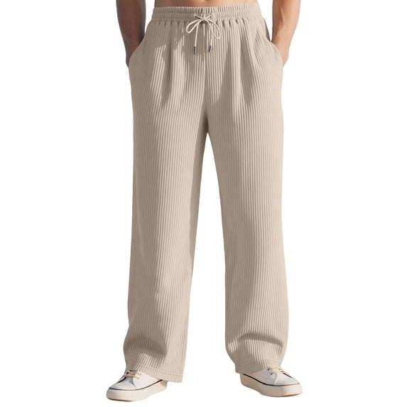 Miluxas Mens Striped Sweatpants Baggy Wide Leg Casual Pants Loose fit with Elastic Waist and Pockets Khaki