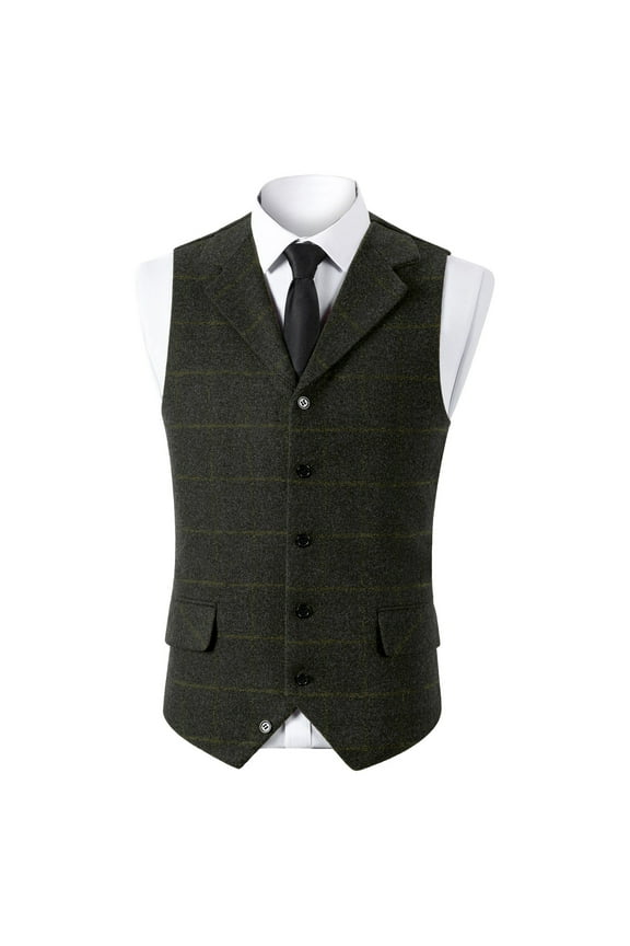 Mens Suit Vest Waistcoat Tweed Retro V Neck Wool Herringbone for Prom Black