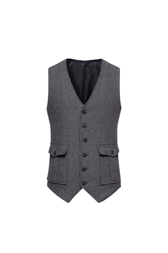 Mens Suit Vest Waistcoat Tweed Retro V Neck Wool Herringbone for Prom Dark Gray