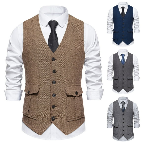 Miluxas Mens Suit Vest Waistcoat Tweed Retro V Neck Wool Herringbone for Prom Gray