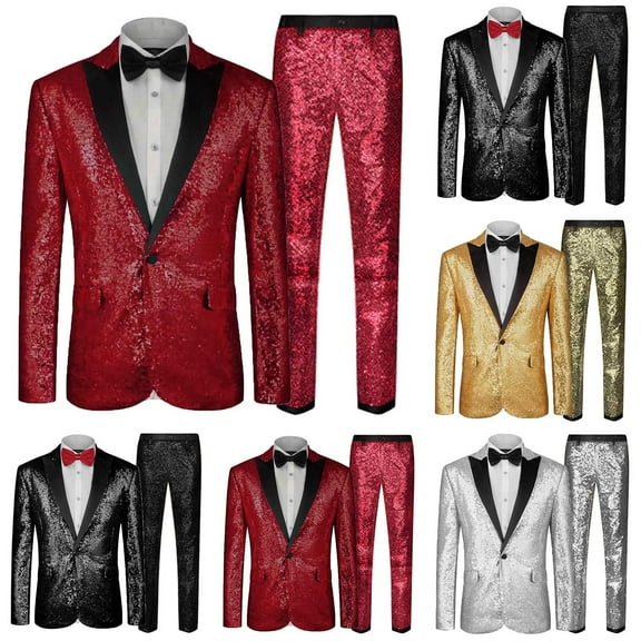 Miluxas Mens Suits Sequin Tuxedo Suit Set Slim Fit 2 Piece Luxurious Party Dinner Jacket Pants Silver 10(XL)