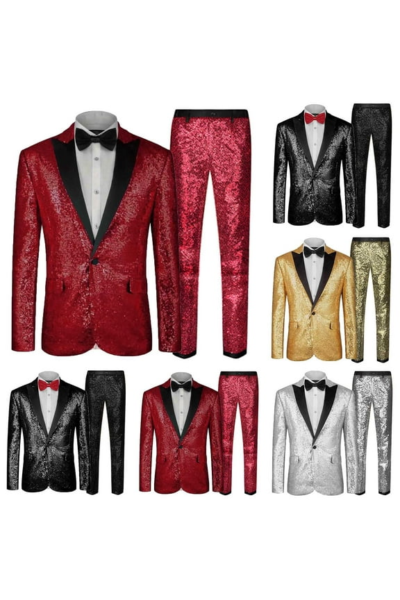 Mens Suits Sequin Tuxedo Suit Set Slim Fit 2 Piece Luxurious Party Dinner Jacket Pants Silver 10(XL)