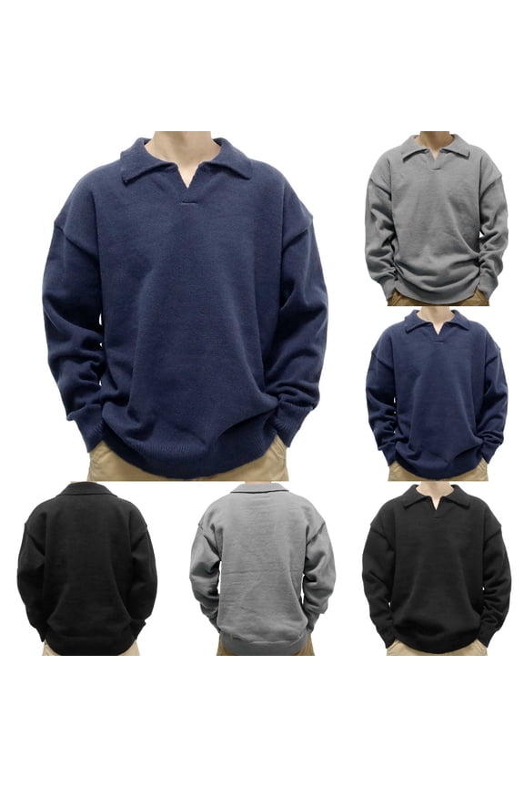 Mens Sweater V Neck Pullover Sweater Long Sleeve Cable Knit Textured Sweater Navy