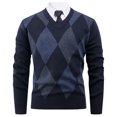 thumbnail image 1 of Miluxas Mens Sweaters Casual V Neck Ribbed Knit Slim Fit Long Sleeve Argyle Pullover Navy L(L), 1 of 4