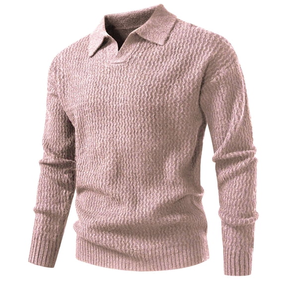 Miluxas Mens Sweaters Polos Long Sleeve V Neck Knit Polo Lightweight Casual Pullover Sweater Pink