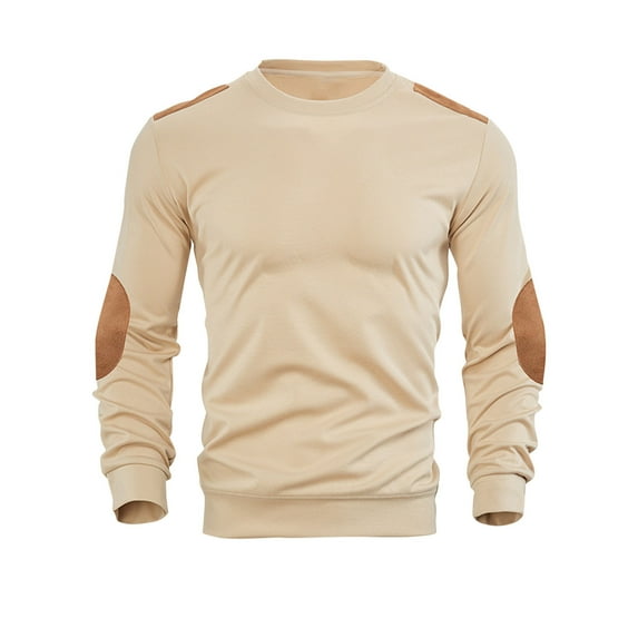 Miluxas Mens Sweatshirt Hoodie Stand Collar Pullover Fashion Textured Tops Fall Outfit Elbow Patches Design Long Sleeve Shirt Khaki