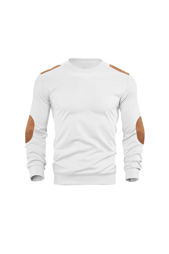 Mens Sweatshirt Hoodie Stand Collar Pullover Fashion Textured Tops Fall Outfit Elbow Patches Design Long Sleeve Shirt White