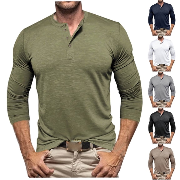 Miluxas Mens T-Shirts, Men's Beefyt Henley Shirts, Men's Cotton Long Sleeve Shirts White