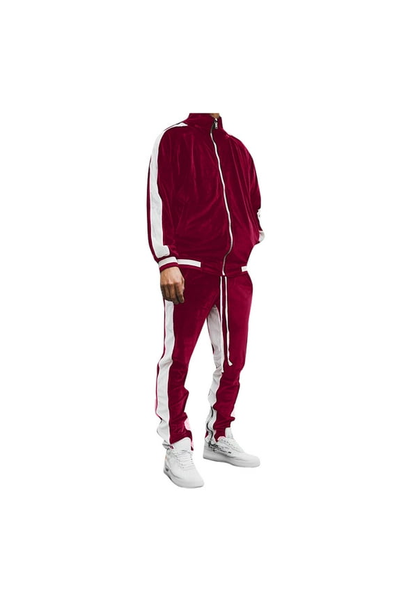 Mens Tracksuit 2 Piece Set Velour Sweatsuit Jogging Suits Full Zip Jacket Pants Outfits Red