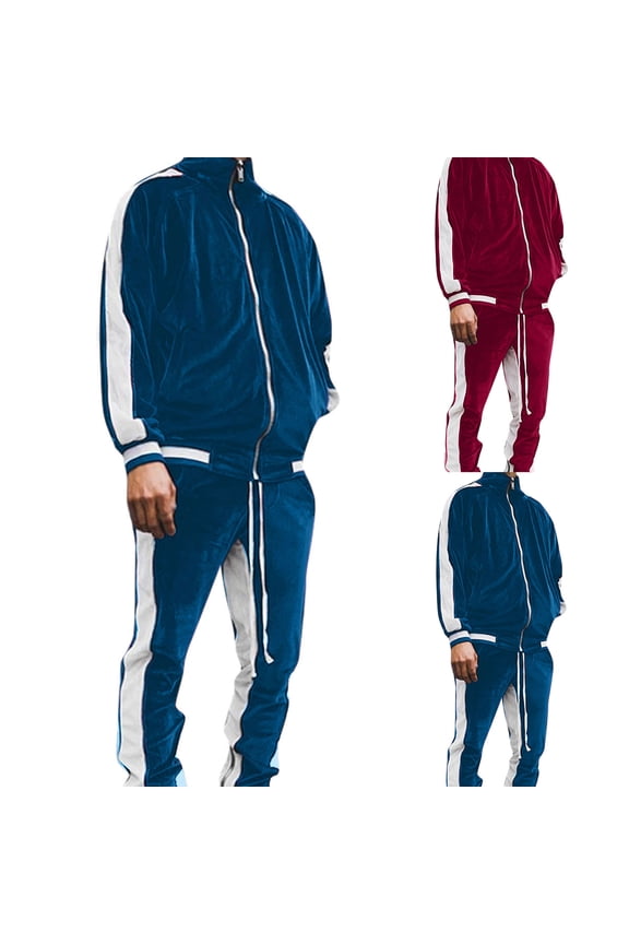 Mens Tracksuit 2 Piece Set Velour Sweatsuit Jogging Suits Full Zip Jacket Pants Outfits Red