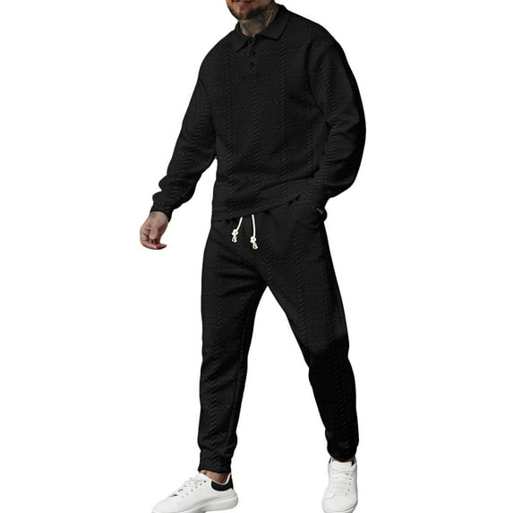 Miluxas Mens Tracksuit Set 2 Piece Long Sleeve Polo Shirt and Pants Jogging Sweatsuits Sets Casual Fashion Vacation Outfits Black