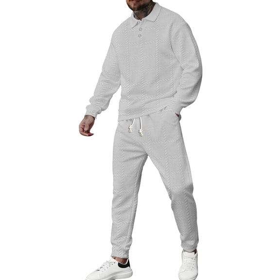 Miluxas Mens Tracksuit Set 2 Piece Long Sleeve Polo Shirt and Pants Jogging Sweatsuits Sets Casual Fashion Vacation Outfits White