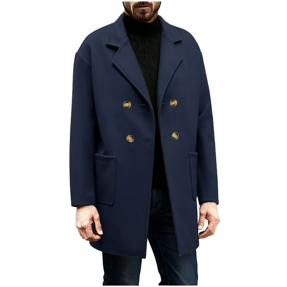Miluxas Mens Trench Coat Long Casual Single Brested Overcoat Winter Notched Collar Wool Blend Pea Coat with Pockets Blue XXL(XXL)