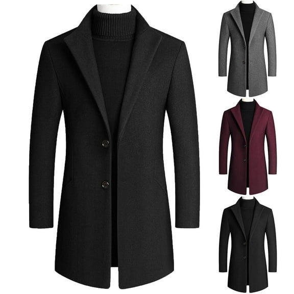 Miluxas Mens Trench Coat Slim Fit Notched Collar Fall Winter Single Breasted Pea Coat Warm Soft Overcoat Wine