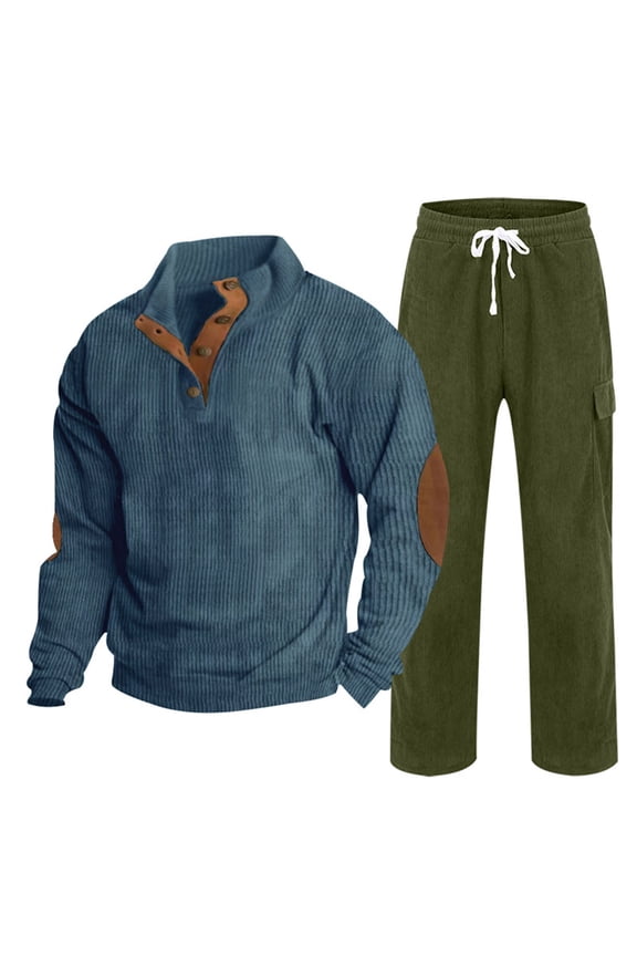 Mens Two Piece Set Casual Corduroy Tracksuits Elbow Patch Half Button Sweatshirts & Drawstring Sweatpant Set for Hike Army Green