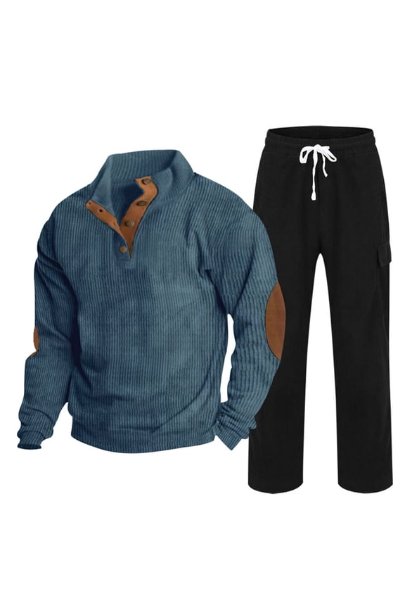 Mens Two Piece Set Casual Corduroy Tracksuits Elbow Patch Half Button Sweatshirts & Drawstring Sweatpant Set for Hike Black