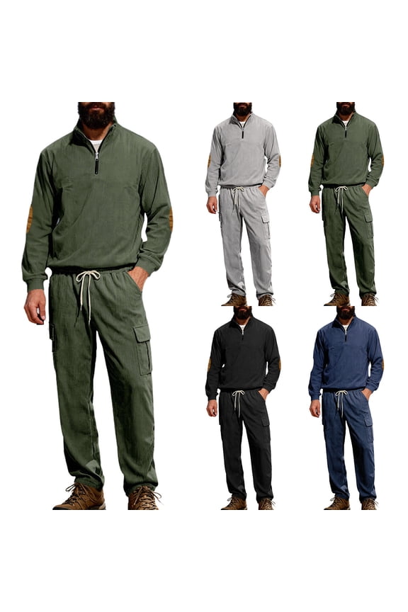 Mens Two Piece Set Casual Corduroy Tracksuits Elbow Patch Half Button Sweatshirts & Drawstring Sweatpant Set for Hike Navy