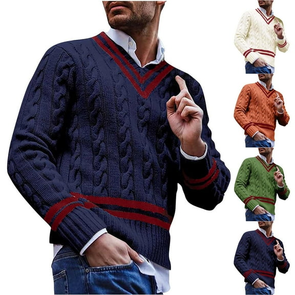 Miluxas Mens V Neck Sweatshirts Casual Athletic Jumper Sweaters Long Sleeve Shirts Contrast Color Fall Knittede Pullover Top Orange