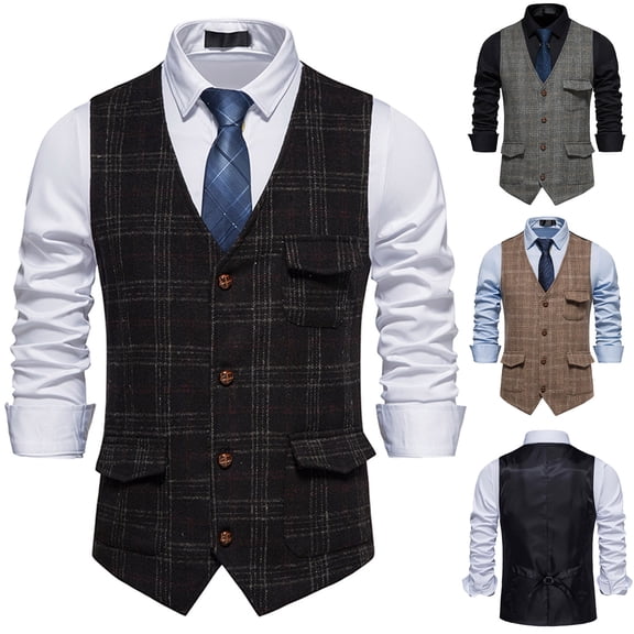 Miluxas Mens Vintage Suit Vest Plaid Tweed Regular Fit Waistcoat for Wedding Groomsmen Khaki
