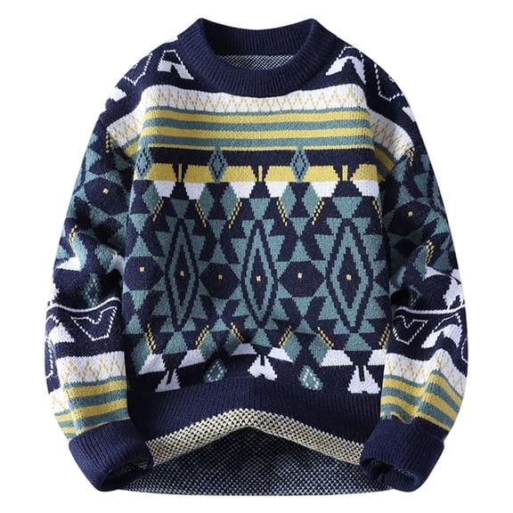 Miluxas Mens Vintage Sweater Grandpa Oversized Cable Knit Crewneck Pullovers Casual Long Sleeve Striped Sweater Navy