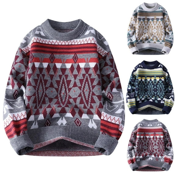 Miluxas Mens Vintage Sweater Grandpa Oversized Cable Knit Crewneck Pullovers Casual Long Sleeve Striped Sweater Navy