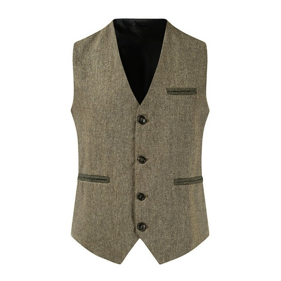 Miluxas Mens Vintage Tweed Suit Vest V Neck Casual Wool Waistcoat for Wedding Groomsmen Men's formal Vest Brown