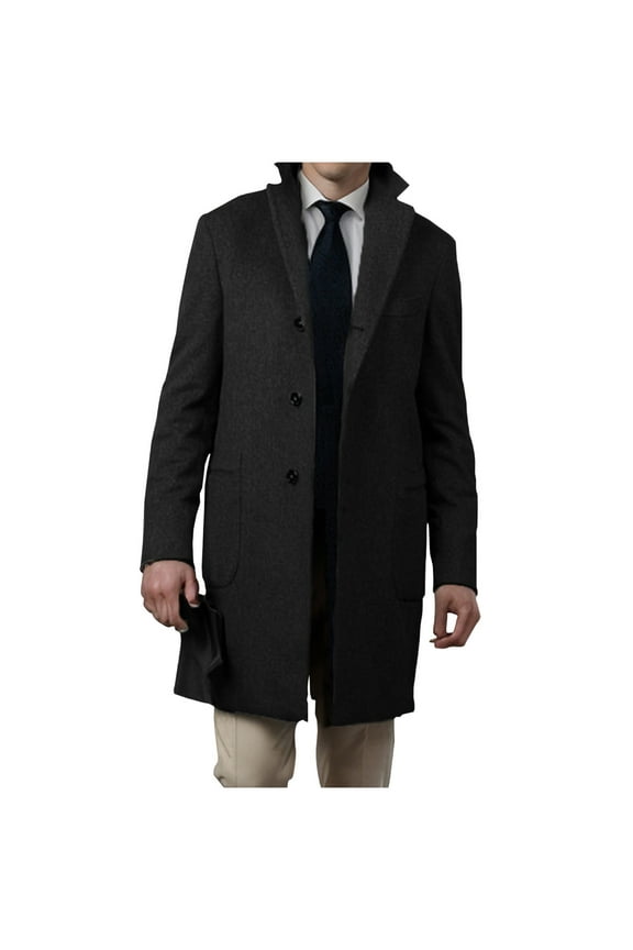 Mens Wool Blend Trench Coat Single Breasted Notch Lapel Walker Mid-Length Classic Pea Top Coat