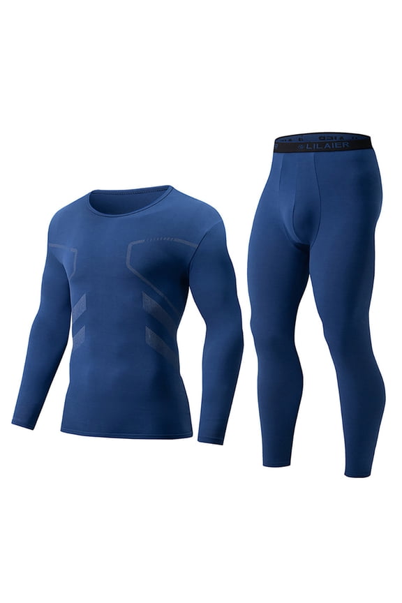 Mens Workout Compression Set Pants and Long Sleeve Shirts Winter Warm thermal Baselayer Top & Bottom Blue