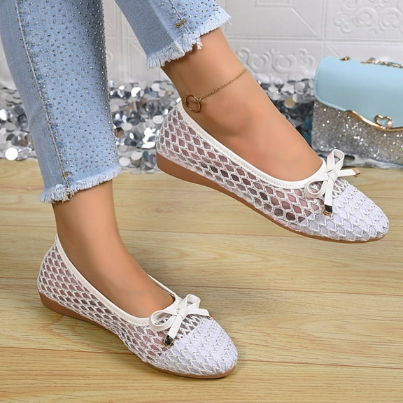 Miluxas Mesh Ballet Flats for Women – Comfortable Round Toe Ballerina Flat Shoes White 7(39)