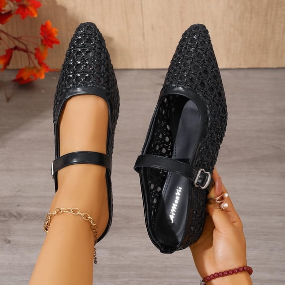 Miluxas Mesh Ballet Flats for Women Round Toe Mary Jane Flats Buckle Strap Ballerina Flats Comfortable Dress Casual Flat Shoes Black 7.5(40)