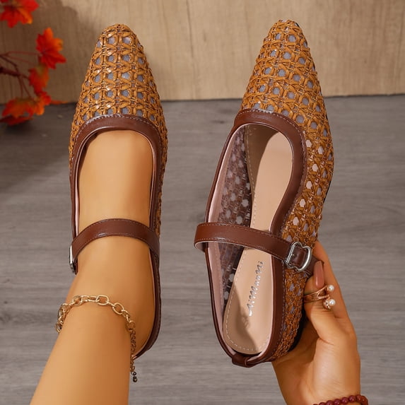 Miluxas Mesh Ballet Flats for Women Round Toe Mary Jane Flats Buckle Strap Ballerina Flats Comfortable Dress Casual Flat Shoes Brown 5.5(36)