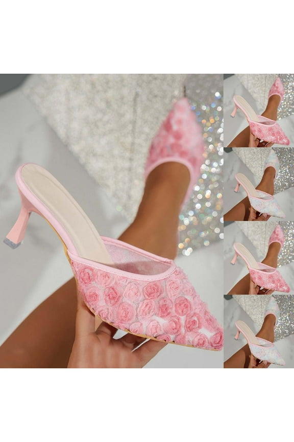 Mesh Kitten Heels Mules for Women Closed Pointed Toe Slip on Backless Stiletto Slingback Low Heels Dress Pumps Shoes Pink 9(42)