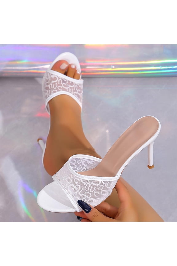 Mesh Mule Heels for Women Kitten Heel Sandals Open Toe Heeled Sandals Slip On Mules White 5.5(36)