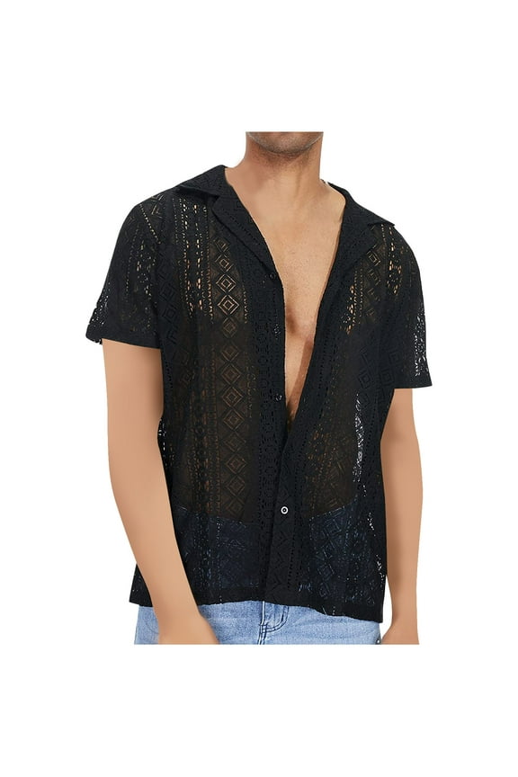 Mesh Tops Men's Sheer Mesh See Through Button Front Long Sleeve Shirt Tops Black 8(L)