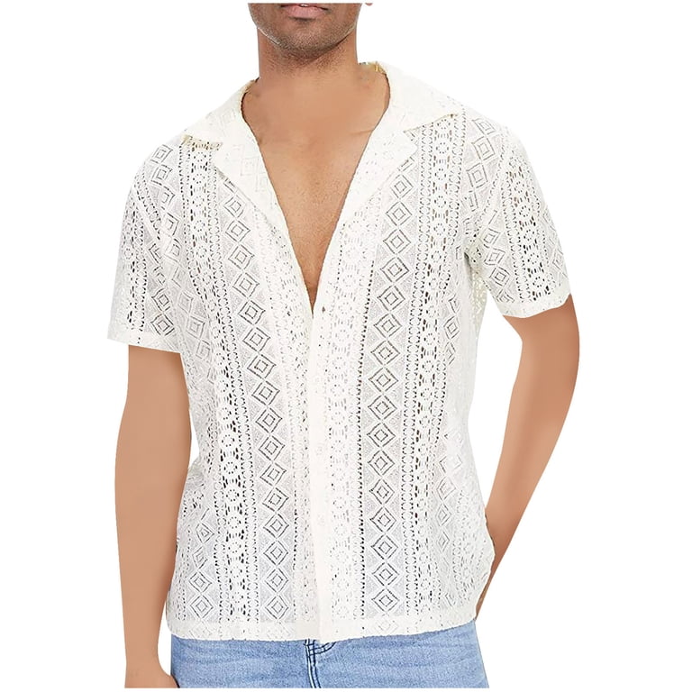 Miluxas Mesh Tops Men's Sheer Mesh See Through Button Front Long