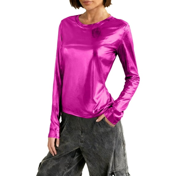 Miluxas Metallic Tops for Women Long Sleeve Shimmer Disco Party T-Shirt Slim Going Out Club Sparkly Blouses Concert Outfit Hot Pink XS(XS)