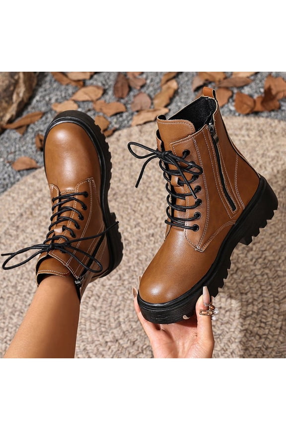 Mid Calf Boots for Women Round Toe Casual Mid Heel Platform Booties Leather Brown 6.5(38)