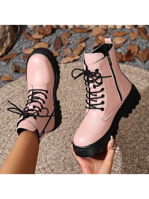 Mid Calf Boots for Women Round Toe Casual Mid Heel Platform Booties Leather Pink 8.5(41)